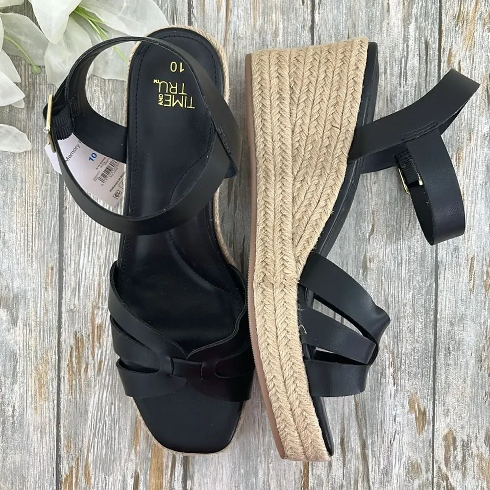 Women's Black Espadrille Wedge Sandals Shoes Size 10